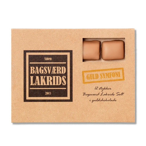 Bagsværd Lakrids Guld Symfoni æske 125 g – salt lakrids med Læsø salt overtrukket med DULCE karamelliseret hvid chokolade, chokoladelakrids med gylden sødme og salt balance