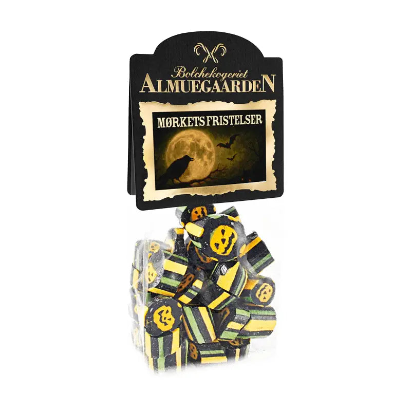 Almuegaarden Halloween bolcher 110 g – håndlavede danske bolcher med smag af lakrids og karamel, farverige bolcher i halloween-tema til slikskål og gave