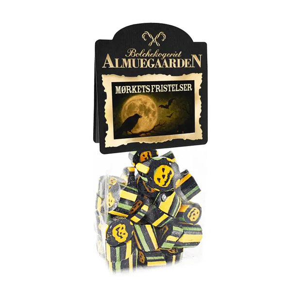 Almuegaarden Halloween bolcher 110 g – håndlavede danske bolcher med smag af lakrids og karamel, farverige bolcher i halloween-tema til slikskål og gave