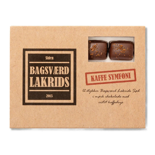 Bagsværd Lakrids Kaffe Symfoni æske – håndlavet sød lakrids overtrukket med mørk chokolade og toppet med ristede kaffebønner, aromatisk chokoladelakrids med tydelig kaffeprofil