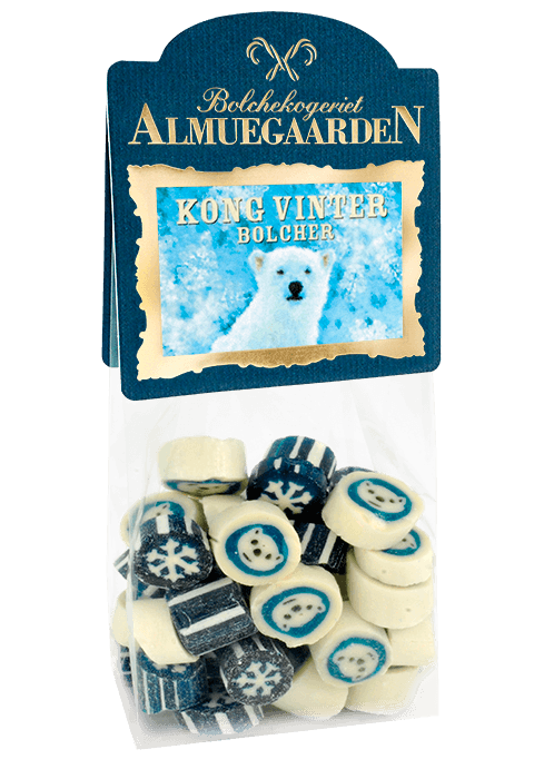 Almuegaarden Kong Vinter bolcher 110 g – håndlavede danske bolcher med smag af blåbær og mint, frisk og kølig smagsprofil, klassisk bolchehåndværk i pose