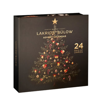Lakrids by Bülow Advent Calendar, eksklusiv lakridsjulekalender med 24 låger, mørkt design, juletræ og gyldne detaljer til decemberhygge
