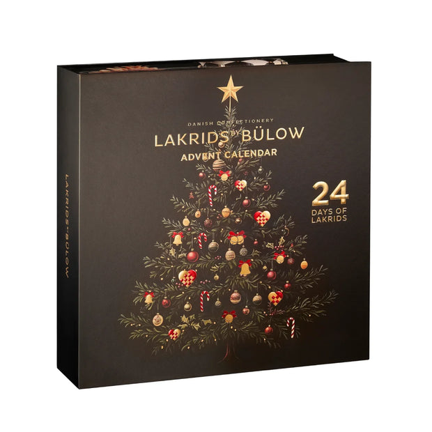 Lakrids by Bülow Advent Calendar, eksklusiv lakridsjulekalender med 24 låger, mørkt design, juletræ og gyldne detaljer til decemberhygge