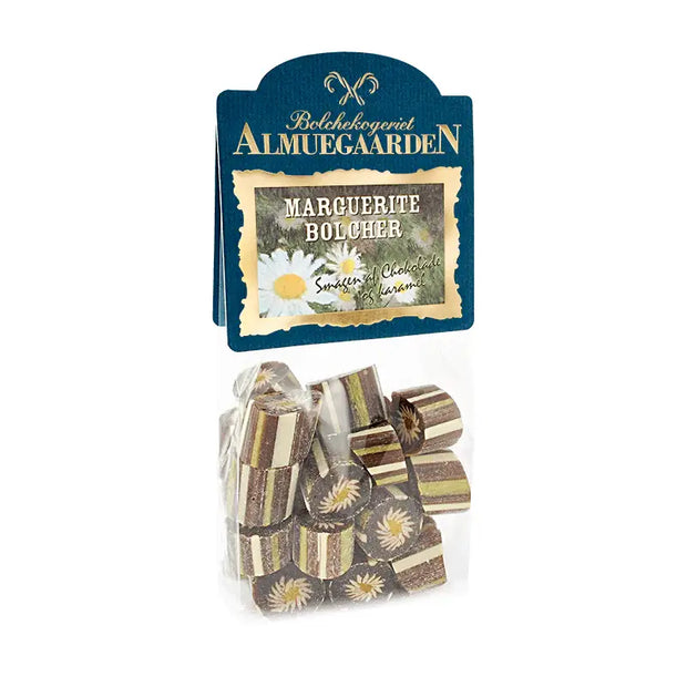 Almuegaarden Marguerite bolcher 110 g – håndlavede danske bolcher med smag af chokolade og karamel, klassisk bolchehygge i pose til gave og slikskål
