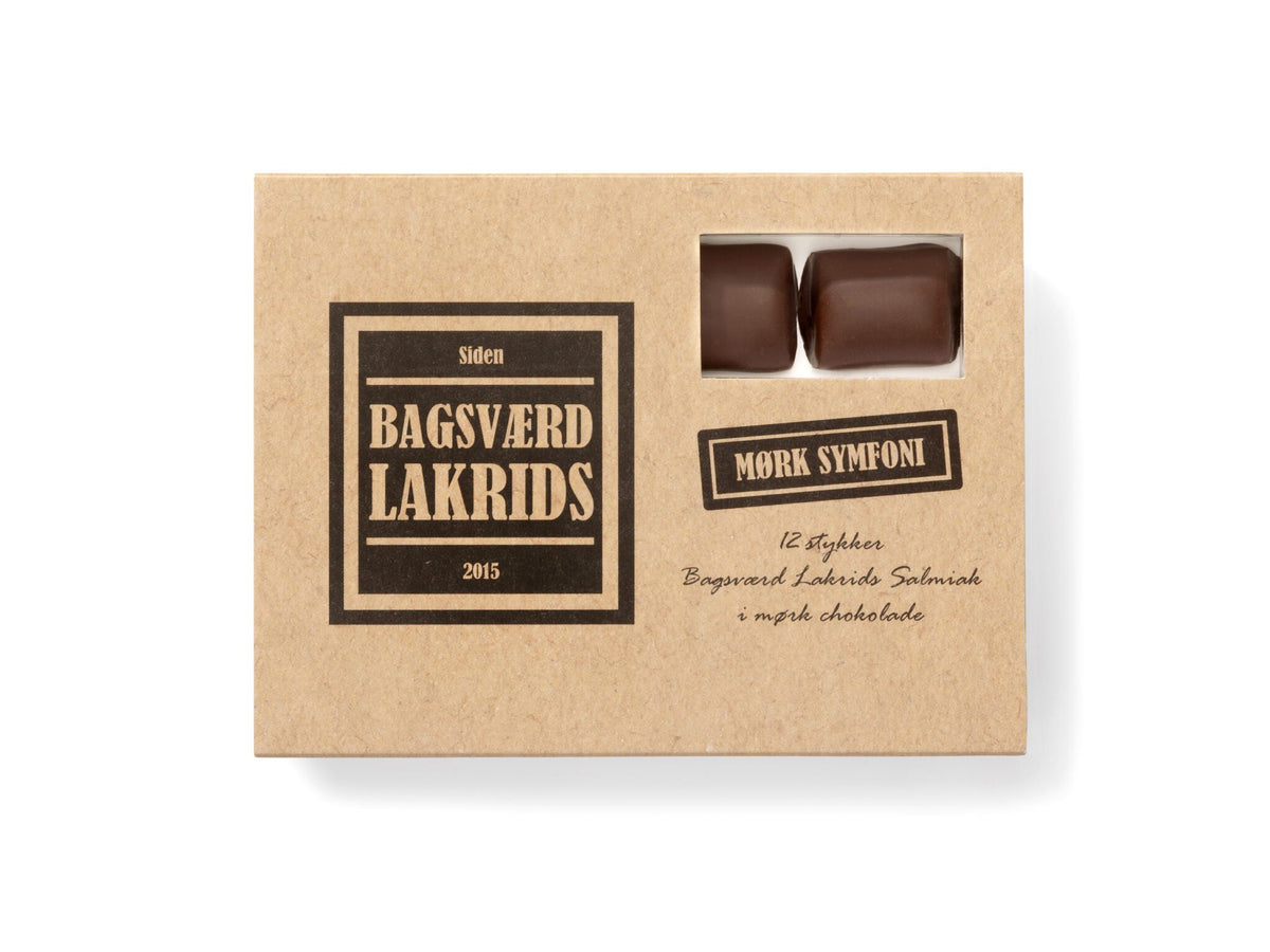 Bagsværd Lakrids Mørk Symfoni æske 125 g – original salmiaklakrids med ekstra salmiak, overtrukket med mørk chokolade, intens chokoladelakrids i gaveæske