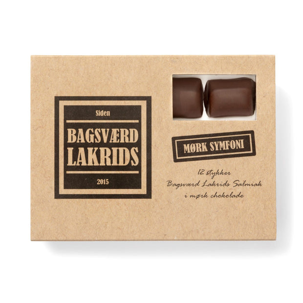 Bagsværd Lakrids Mørk Symfoni æske 125 g – original salmiaklakrids med ekstra salmiak, overtrukket med mørk chokolade, intens chokoladelakrids i gaveæske