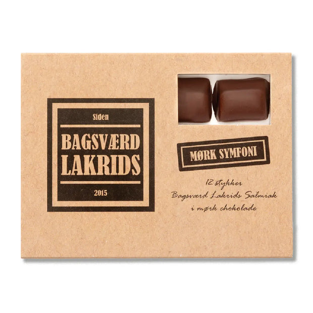 Bagsværd Lakrids Mørk Symfoni æske 125 g – original salmiaklakrids med ekstra salmiak, overtrukket med mørk chokolade, intens chokoladelakrids i gaveæske