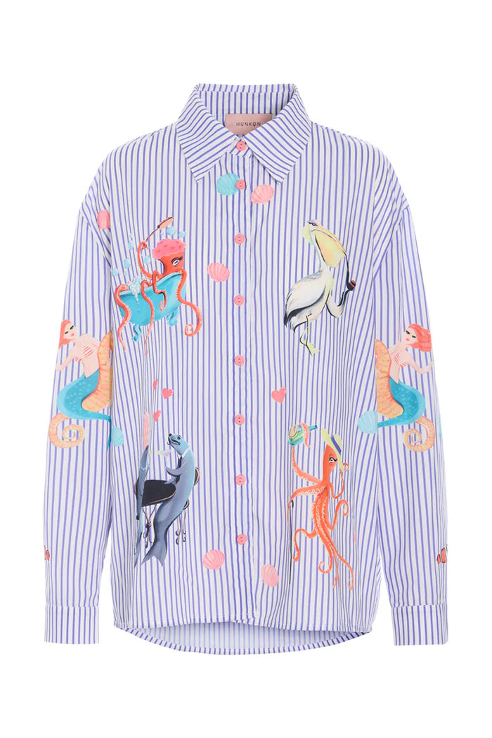 Hunkøn Nessie Shirt i Blue Ocean Art Print med lange ærmer og klassisk krave