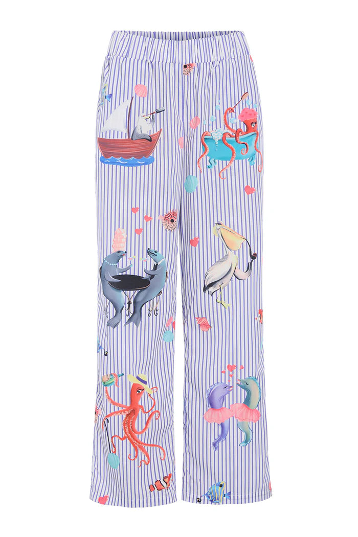 Hunkøn Nessie Trousers i Blue Ocean Art Print med lige ben, elastik i taljen og sidelommer