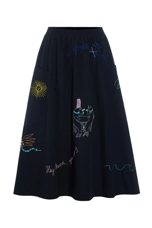Hunkøn Nima Skirt Black midilang bomuldsnederdel med broderede motiver