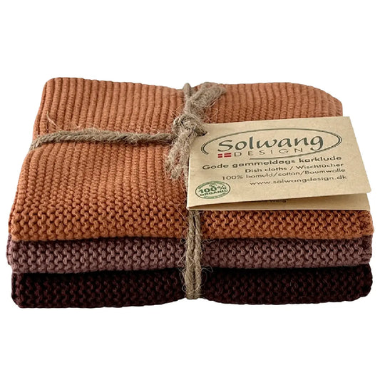 Solwang Design Chocolate Combi strikkede karklude i chokoladebrune nuancer og økologisk bomuld, 3 stk.
