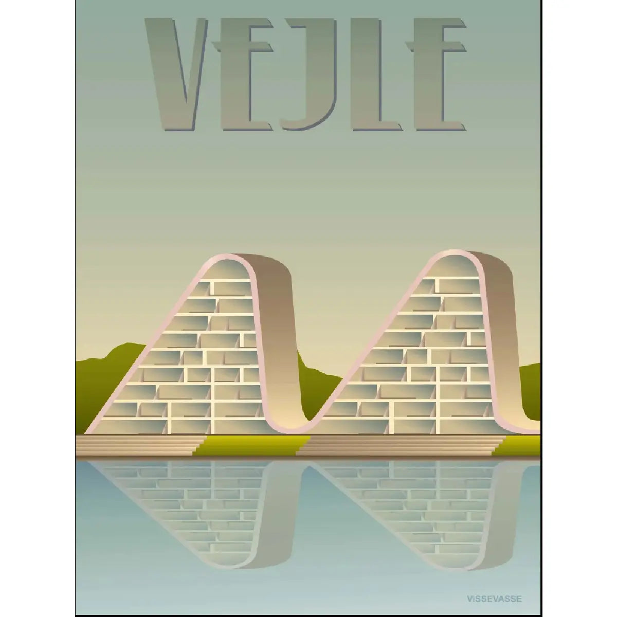 ViSSEVASSE Vejle plakat med stiliseret arkitektur og spejling i vandet