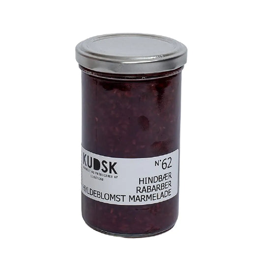 KUDSK Nr.62 Hindbær Rabarber Hyldeblomst Marmelade med hindbær, rabarber og hyldeblomst, 300 g