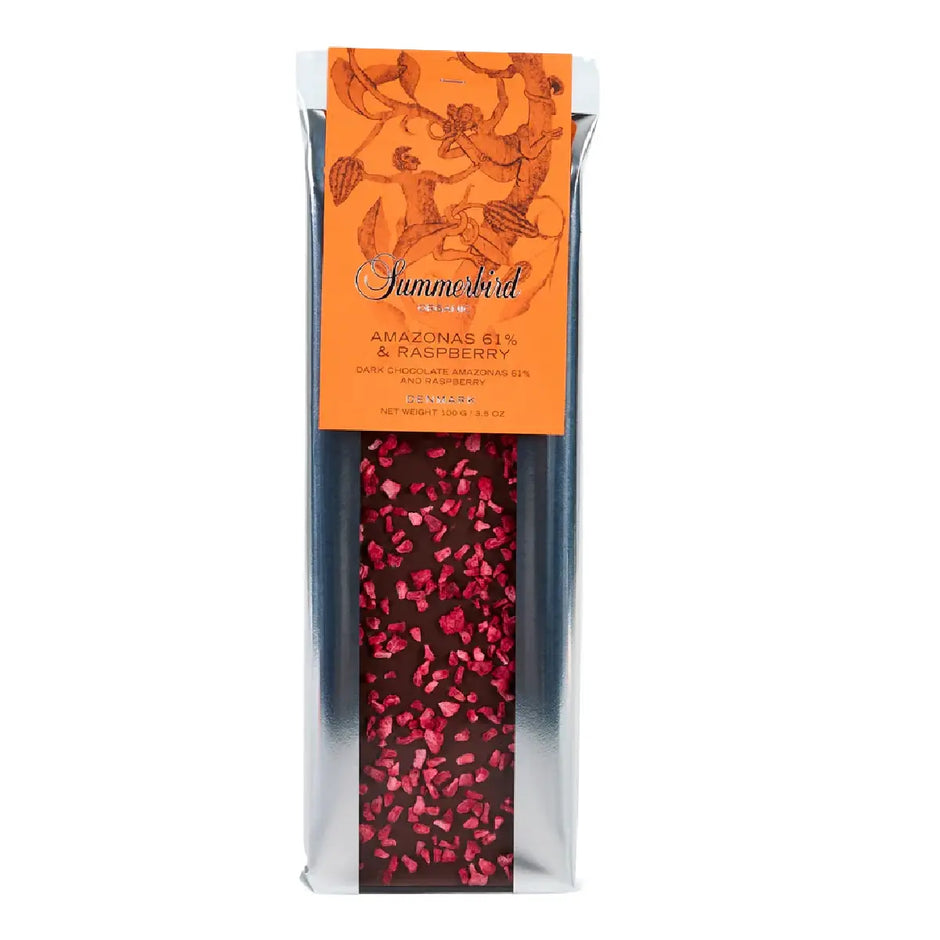 Summerbird Amazonas 61% & Raspberry økologisk mørk chokolade med hindbær, 100 g