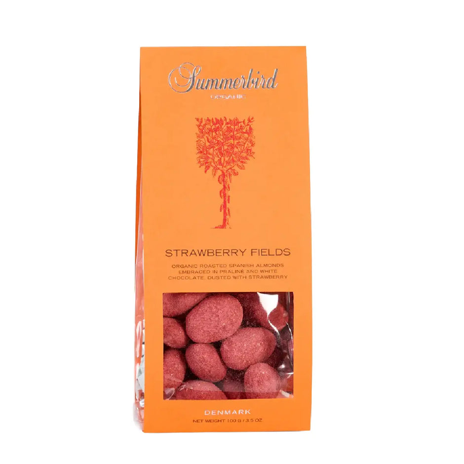 Summerbird Strawberry Fields økologiske mandler med hvid chokolade, praliné og jordbær, 100 g