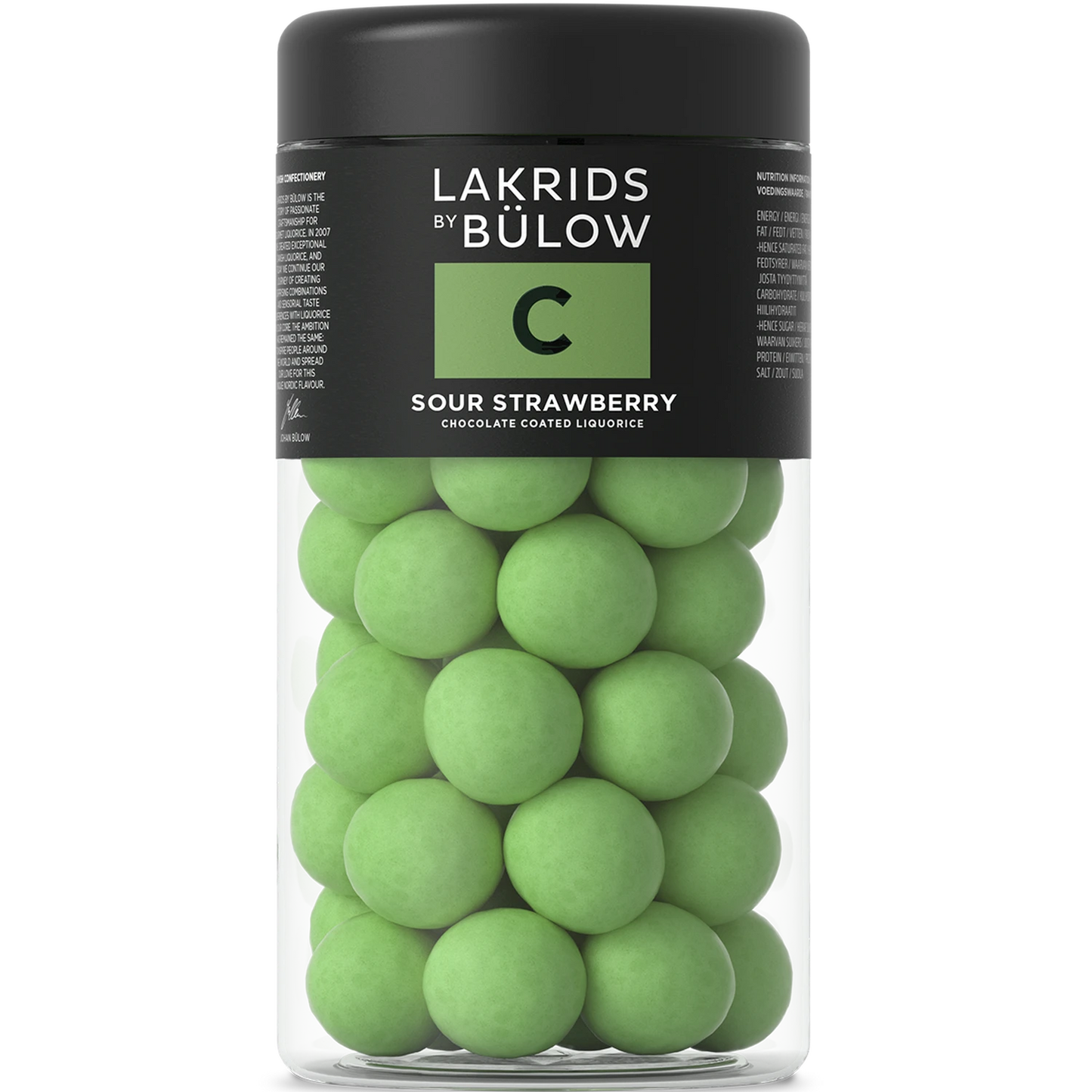 Lakrids by Bülow C - SOUR STRAWBERRY 270 g med rød lakrids, hvid chokolade, grønne jordbær og sprød grøn sukkerskal