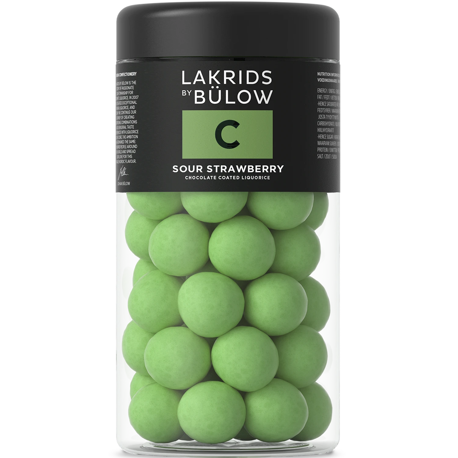 Lakrids by Bülow C - SOUR STRAWBERRY 270 g med rød lakrids, hvid chokolade, grønne jordbær og sprød grøn sukkerskal