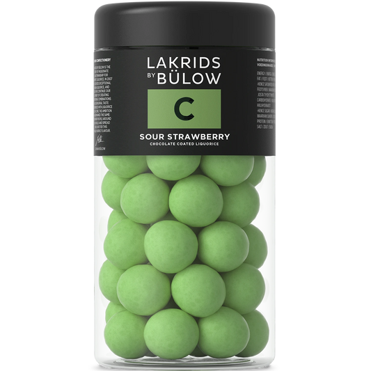 Lakrids by Bülow C - SOUR STRAWBERRY 270 g med rød lakrids, hvid chokolade, grønne jordbær og sprød grøn sukkerskal