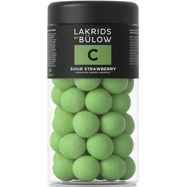 Lakrids by Bülow C - SOUR STRAWBERRY 270 g med rød lakrids, hvid chokolade, grønne jordbær og sprød grøn sukkerskal