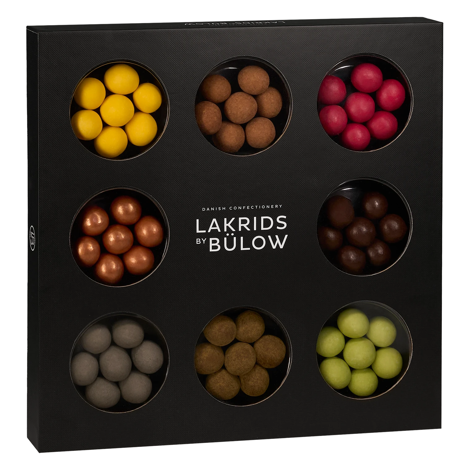 Lakrids by Bülow SELECTION BOX 350 g gaveæske med blandede danske lakridser overtrukket med hvid, dulce, mælke- og mørk chokolade
