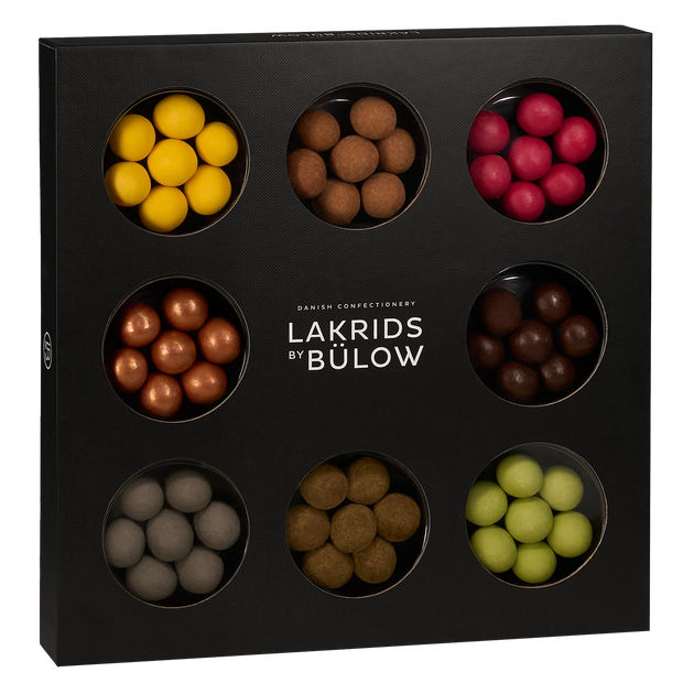 Lakrids by Bülow SELECTION BOX 350 g gaveæske med blandede danske lakridser overtrukket med hvid, dulce, mælke- og mørk chokolade