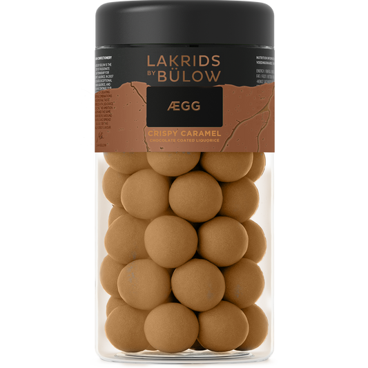 Lakrids by Bülow CRISPY CARAMEL 270 g med sød lakrids, dulcechokolade, rålakridspulver, havsalt og sprød lysebrun sukkerskal