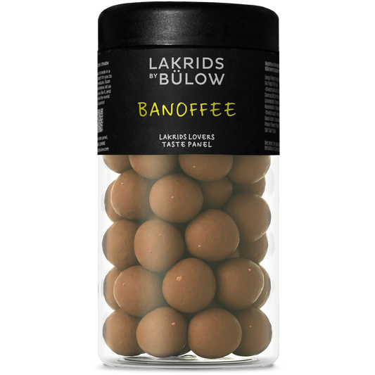 Lakrids by Bülow BANOFFEE 270 g med sød lakrids overtrukket med banan, dulcechokolade og sprøde karamelstykker inspireret af Banoffee Pie