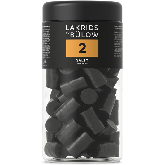 Lakrids by Bülow 2 SALTY 360 g med stærk salt salmiaklakrids, rålakrids, melasse, anisolie og glutenfri rismel