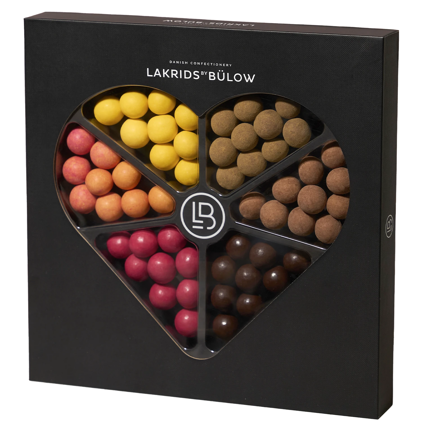 Lakrids by Bülow LOVE SELECTION BOX Black 450 g, sort gaveæske med blandede lakridser i hvid, dulce, mælke- og mørk chokolade
