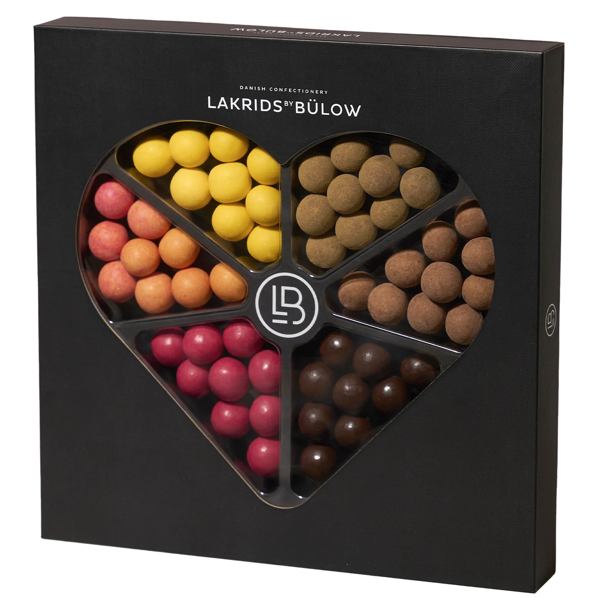 Lakrids by Bülow LOVE SELECTION BOX Black 450 g, sort gaveæske med blandede lakridser i hvid, dulce, mælke- og mørk chokolade