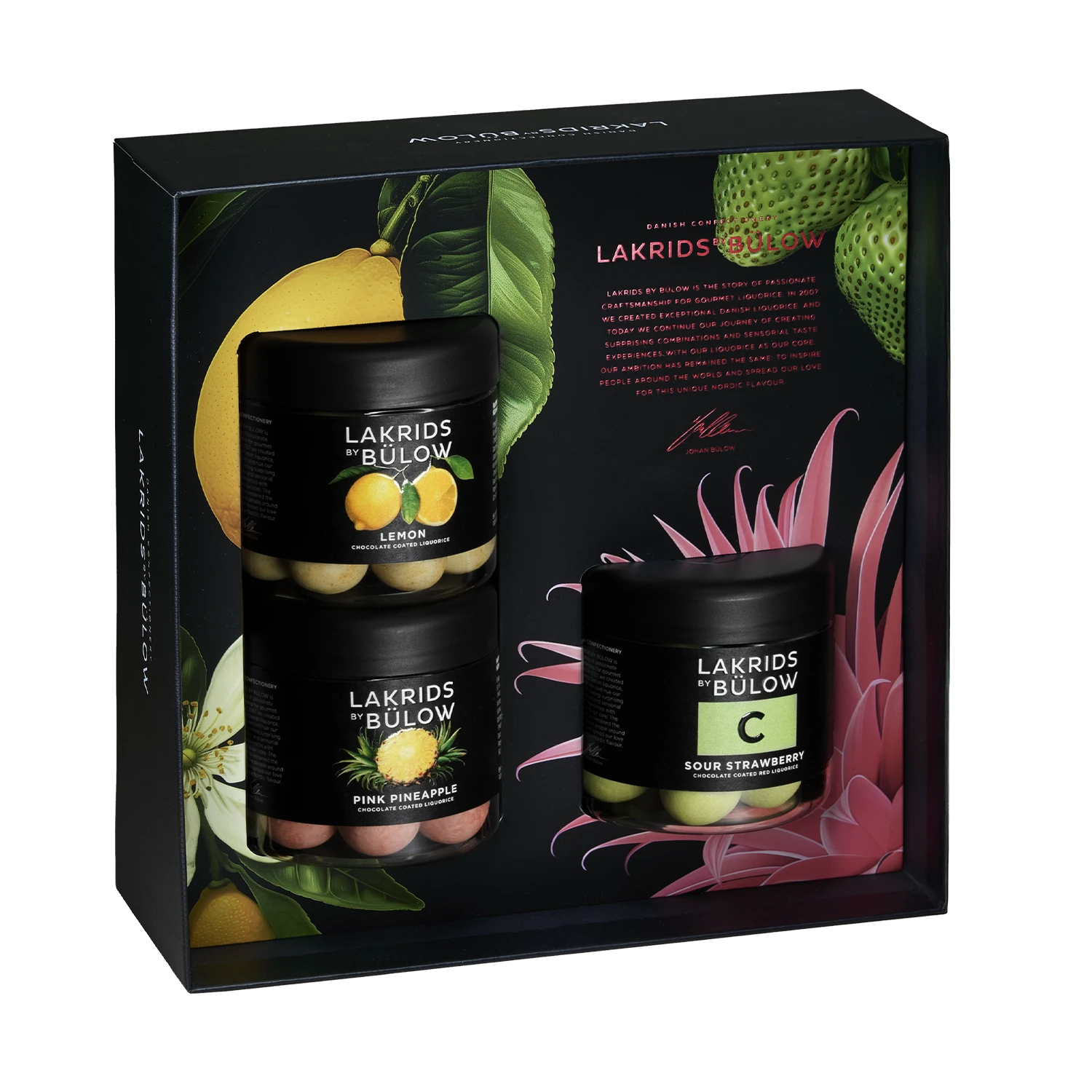 Lakrids by Bülow BLACK BOX SUMMER gaveæske med C SOUR STRAWBERRY LEMON og PINK PINEAPPLE 345 g