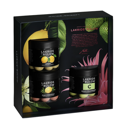 Lakrids by Bülow BLACK BOX SUMMER gaveæske med C SOUR STRAWBERRY LEMON og PINK PINEAPPLE 345 g