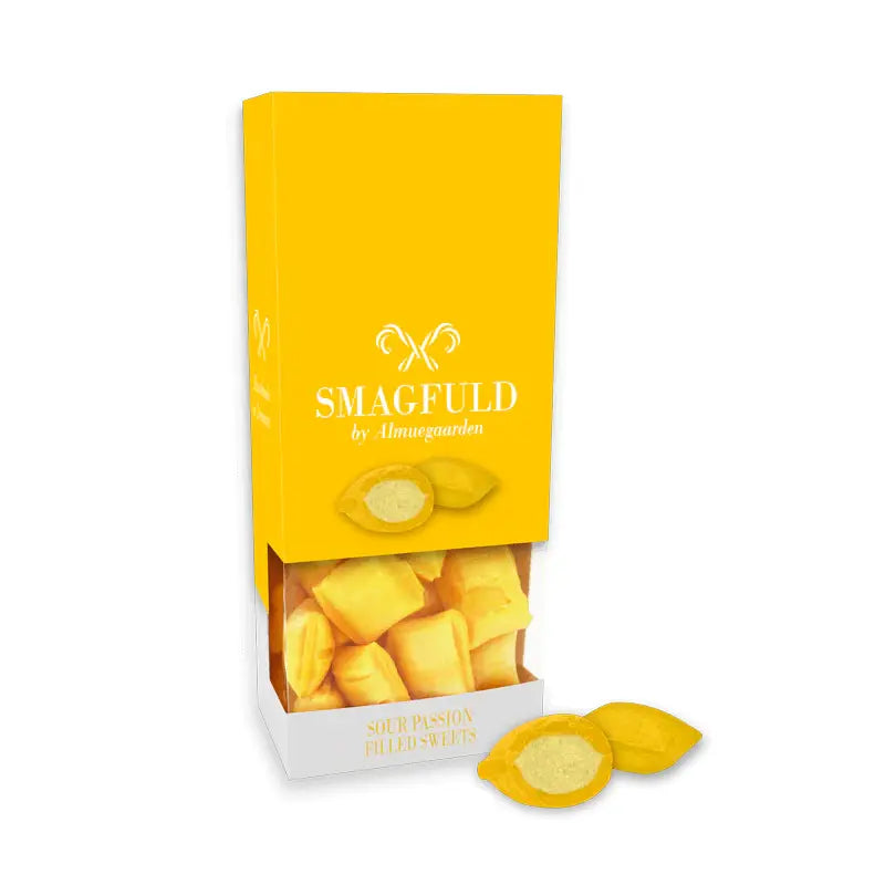 Almuegaarden SMAGFULD fyldte bolcher med smag af syrlig passion, 100 g – porøse bolcher med frisk syrlighed, håndlavet i Danmark, naturlige ingredienser