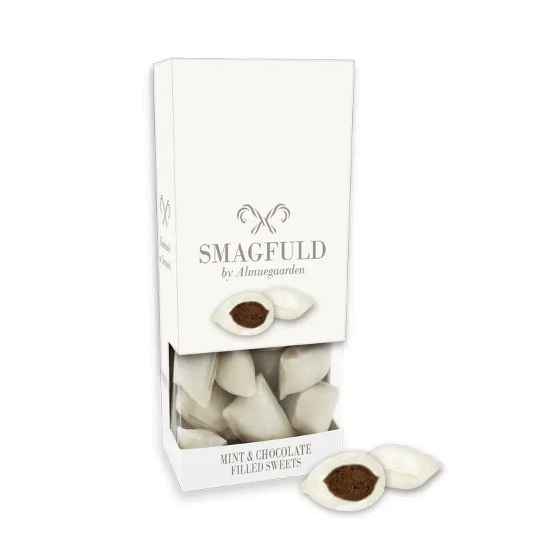 Almuegaarden SMAGFULD fyldte bolcher med smag af mint og chokolade, 100 g – porøse bolcher med frisk mintprofil, kakao og et strejf af salt, håndlavet i Danmark