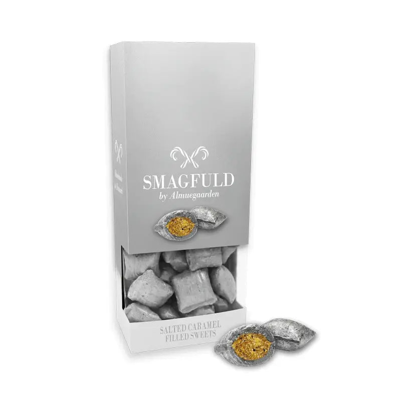 Almuegaarden SMAGFULD fyldte bolcher med smag af salt karamel, 100 g – porøse fyldte bolcher med karamelsmag og et strejf af salt, håndlavet i Danmark
