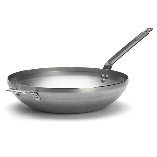 de Buyer Mineral B wok i kulstofstål, stor buet wok med flad bund, sidehank, bivoksfinish og Ø40 cm diameter til alle komfurer inklusiv induktion