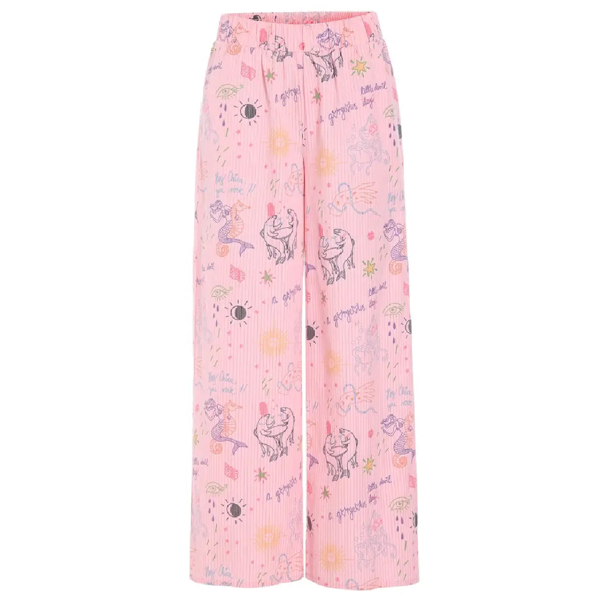 Hunkøn Zoe Trousers i Pink Sea Creatures Art Print med vide ben og elastik i taljen