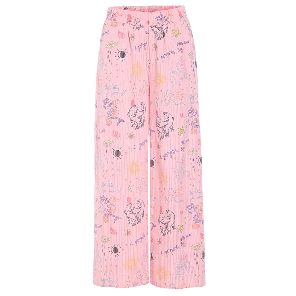Hunkøn Zoe Trousers i Pink Sea Creatures Art Print med vide ben og elastik i taljen