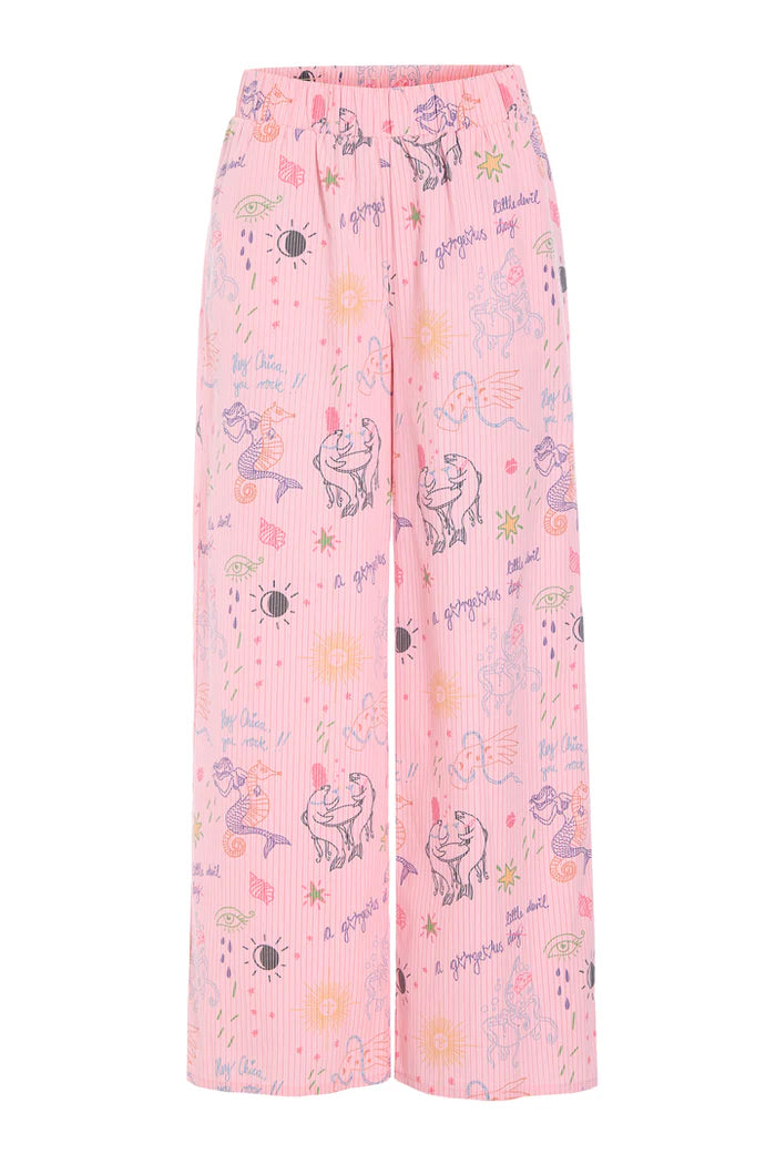 Hunkøn Zoe Trousers i Pink Sea Creatures Art Print med vide ben og elastik i taljen