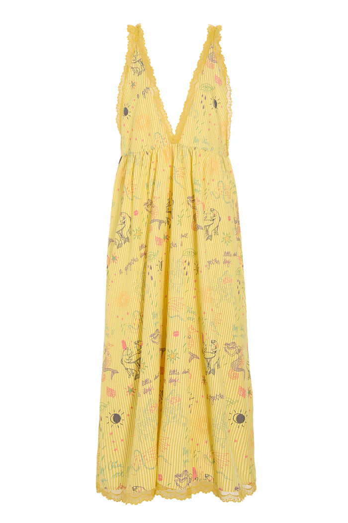 Hunkøn Zoenna Dress i Yellow Sea Creatures Art Print med A-formet pasform og blondekanter