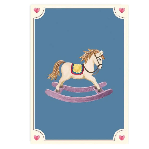 All by Voss Seasons Rocking Horse lille foldet julekort med nostalgisk gyngehestemotiv