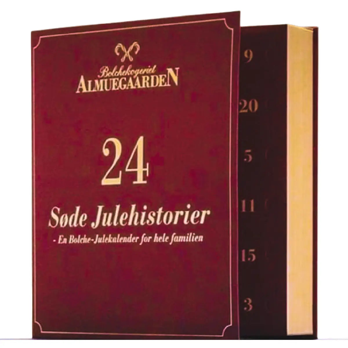 Almuegaarden rød bolchejulekalender i boglignende design med 24 låger og klassiske bolcher til decemberhygge