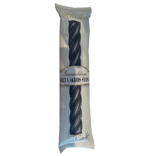 Almuegaarden Gammeldags Salt Lakrids Stang, klassisk sort slikstang med smag af salt lakrids og nostalgisk indpakning, 49 g