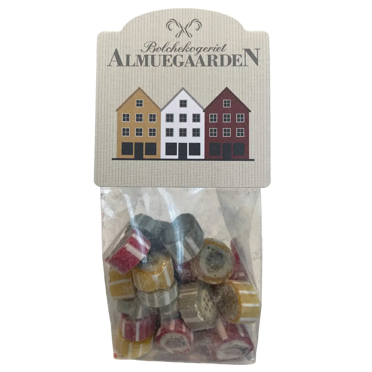 Almuegaarden HUSE bolcher, blandede håndlavede bolcher med smag af hindbær, passionsfrugt og hyldeblomst i pose med husmotiv, 110 g