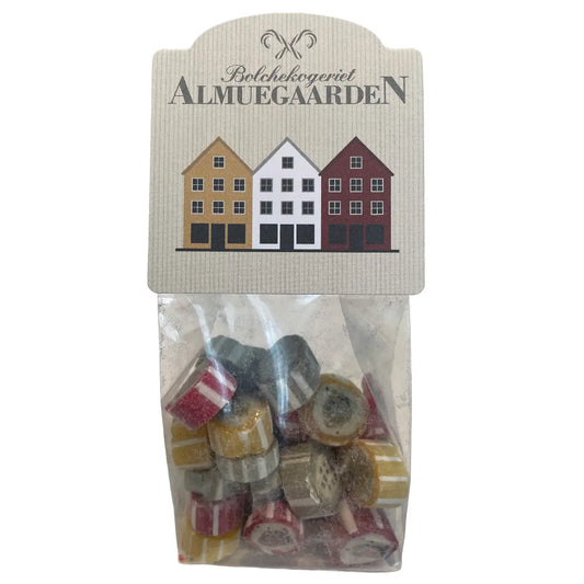 Almuegaarden HUSE bolcher, blandede håndlavede bolcher med smag af hindbær, passionsfrugt og hyldeblomst i pose med husmotiv, 110 g