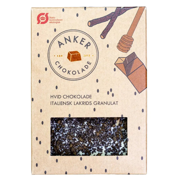 Anker Chokolade 100gr plade 100 g – økologisk hvid chokolade med italiensk lakridsgranulat, cremet hvid chokoladeplade med lakrids, opbevares køligt ved højst 18 grader