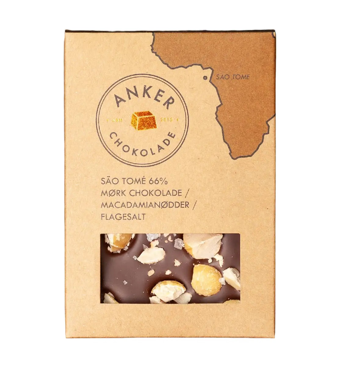 Anker Chokolade 100 g chokoladeplade i São Tomé 66% mørk chokolade toppet med macadamianødder og flagesalt – økologisk mørk chokolade med sprød nøddecrunch, opbevares køligt ved højst 18 grader