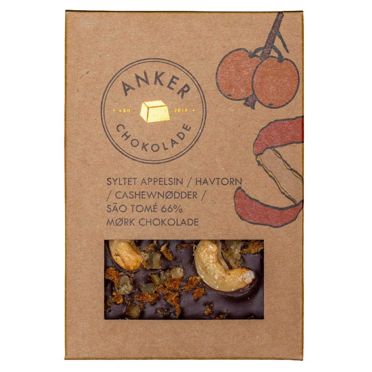 Anker Chokolade 100 g chokoladeplade i São Tomé 66% mørk chokolade toppet med syltet appelsin, havtornflager og cashewnødder – intens kakaosmag og frugtig syrlighed, 100 g