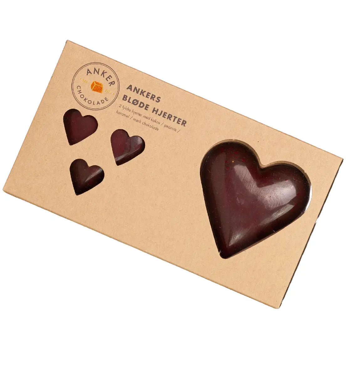 Anker Chokolade Ankers Bløde Hjerter ØKO 120 g – 2 store fyldte chokoladehjerter med kokos, peanuts og karamel i mørk chokolade, opbevares køligt ved højst 18 grader