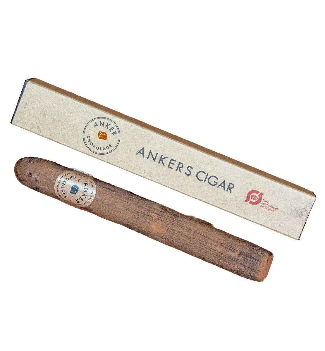 Anker Chokolade Ankers Cigar 60 g – gaveklar chokoladecigar med rom, økologisk chokolade og marcipan med mandler, opbevares køligt ved højst 18 grader